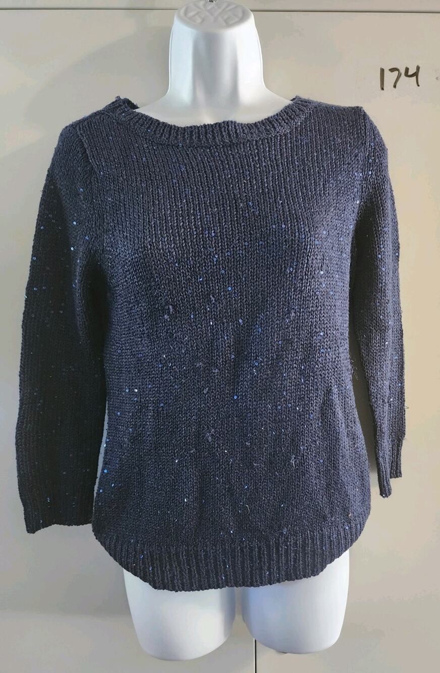 Chaps Classics Petite Small PS Navy Blue Sequin Cable Knit Sweater Pullover